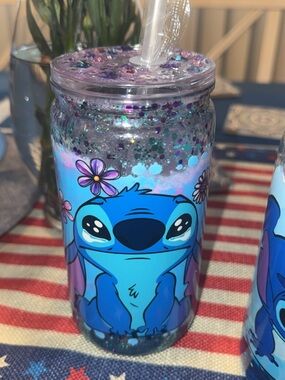 Blue Stitch Glitter Tumbler with Floral Accents